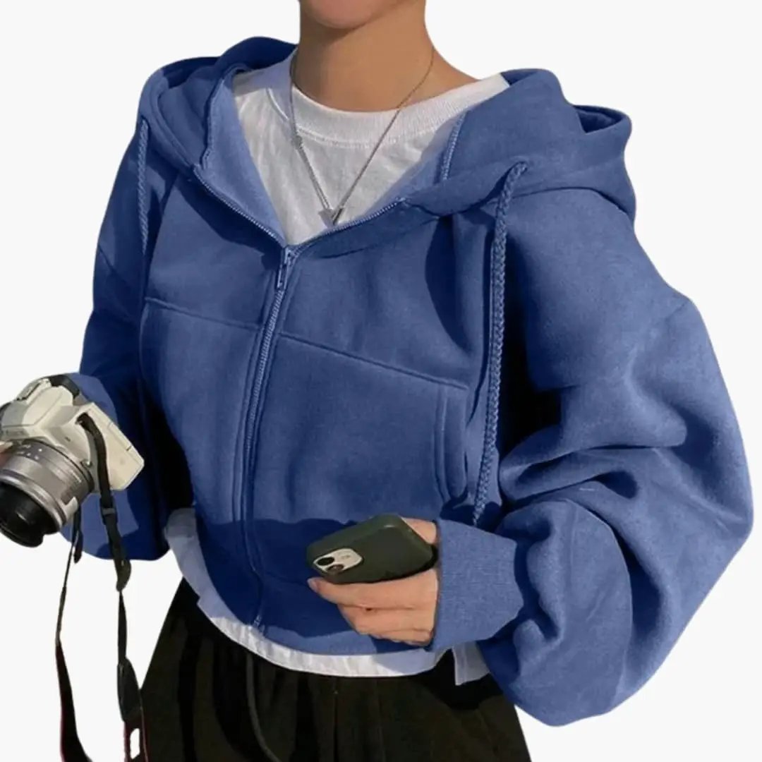 Women's hoodie sweatshirt with zipper, blue cropped zip-up by Wilfred Smith; hooded over white tee.