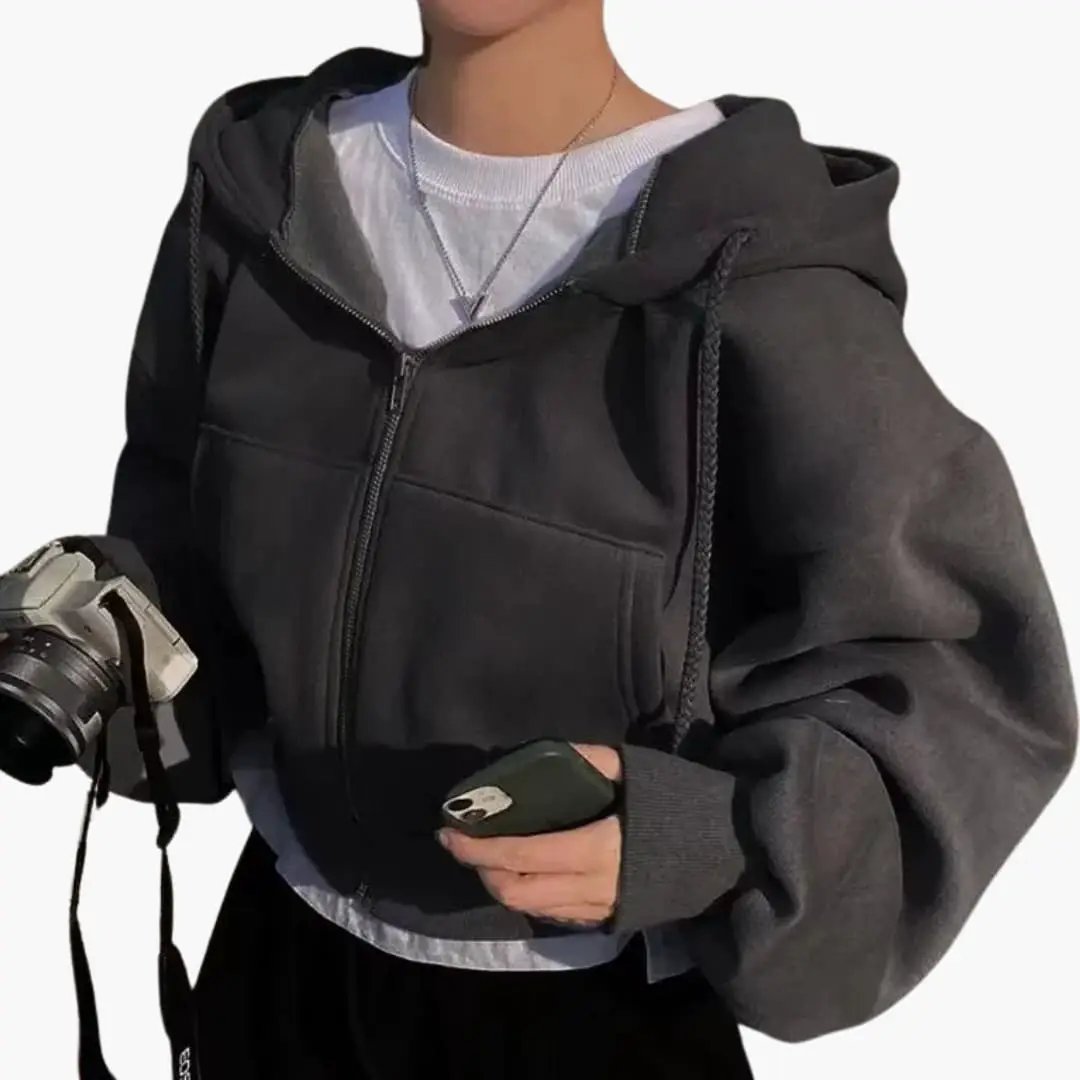 Women's zip hoodie sweatshirt by Wilfred Smith, black cropped hoodie with oversized sleeves