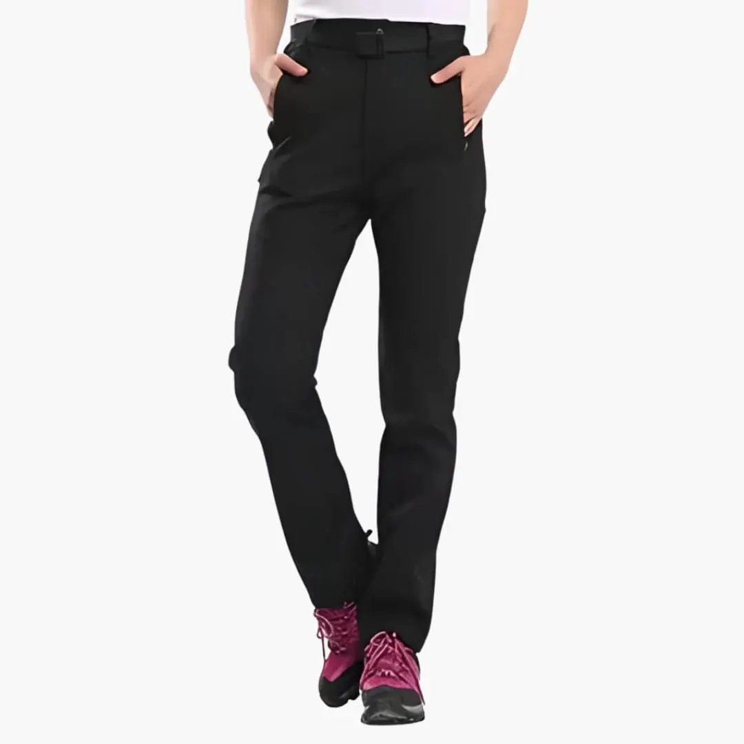 Women's hiking pants with straight leg by Wilfred Smith, black activewear pants with belt and pockets.