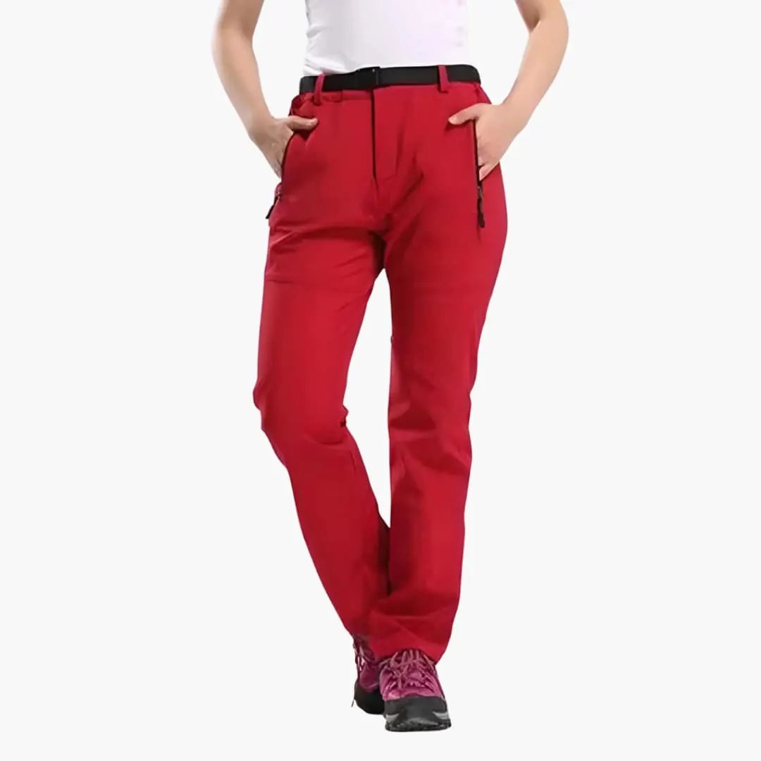 Women's hiking pants with straight leg in red by Wilfred Smith, activewear pants with zippered pockets