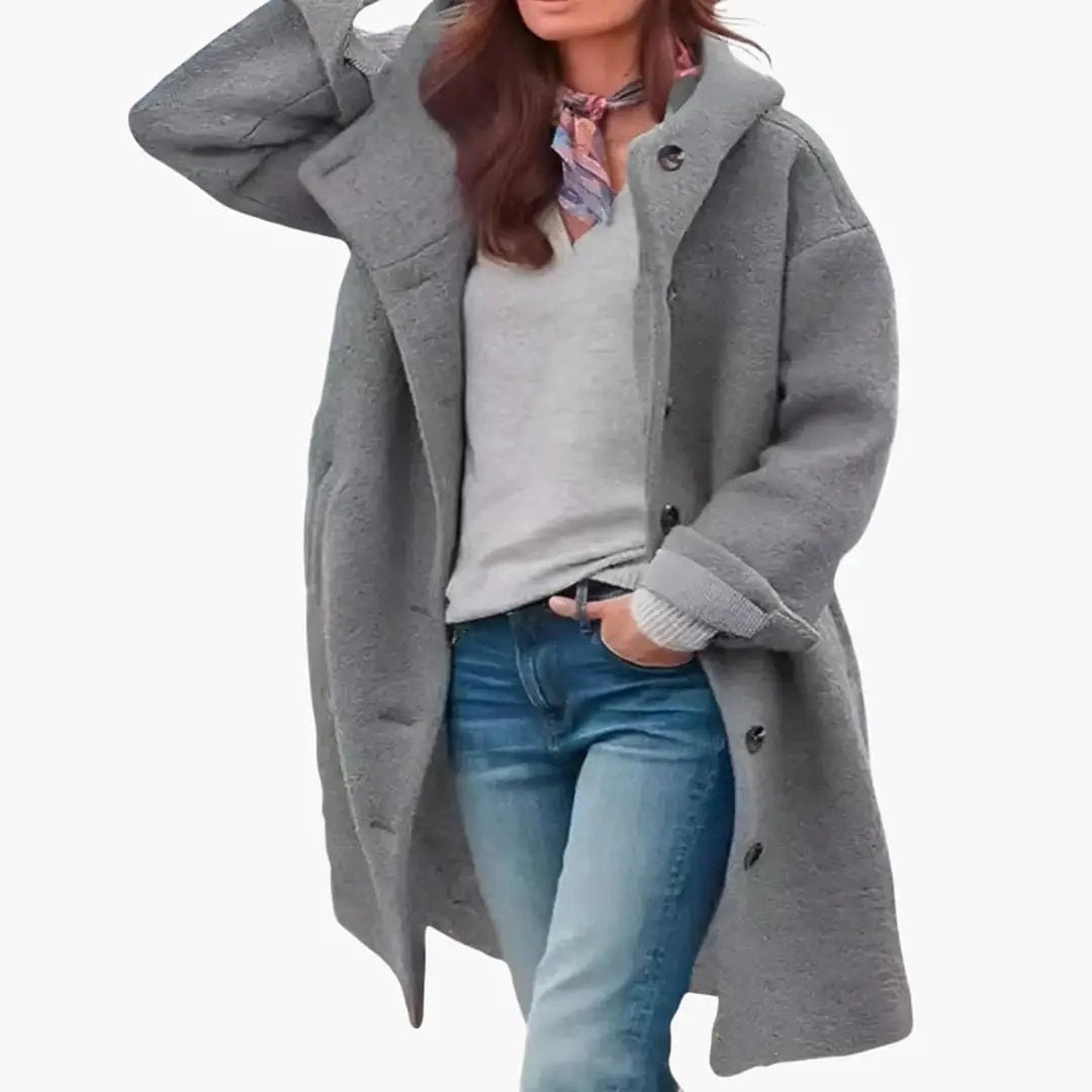 Women's long gray winter coat by Wilfred Smith, oversized with buttons and pockets.