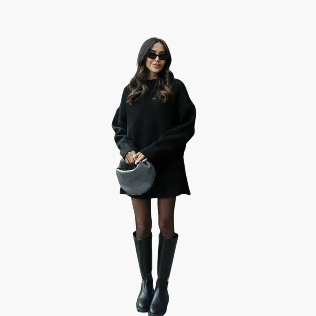 Women's two-piece knit set with round-neck sweater, black, on model with knee-high boots and gray bag