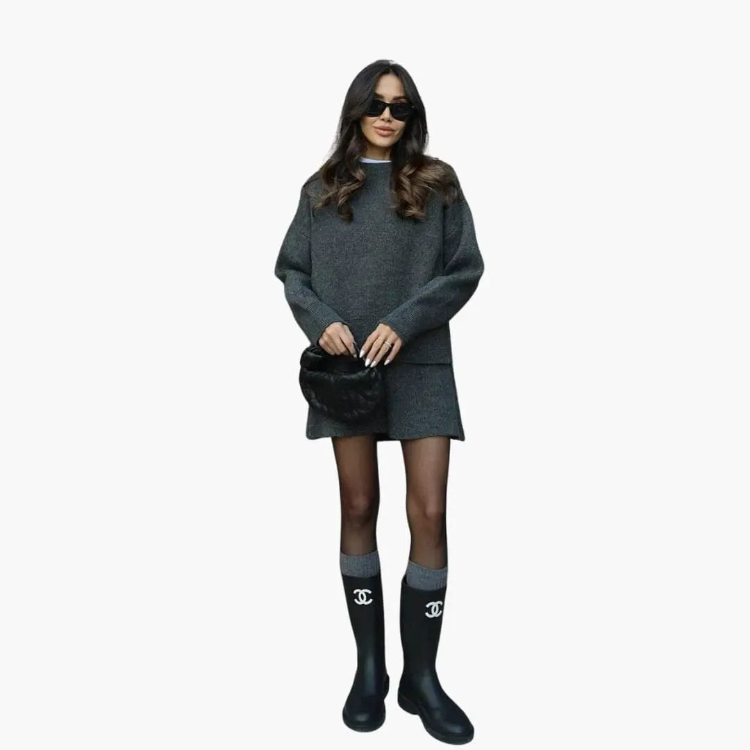 Women's two-piece knit set with round-neck sweater and skirt; dark grey knit, Chanel-logo knee-high boots