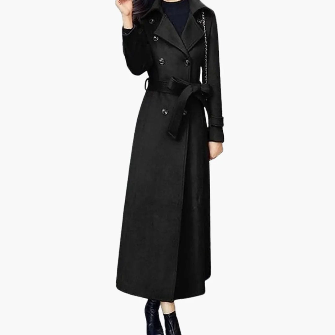 Women's long black overcoat with shawl collar, double-breasted front and waist belt