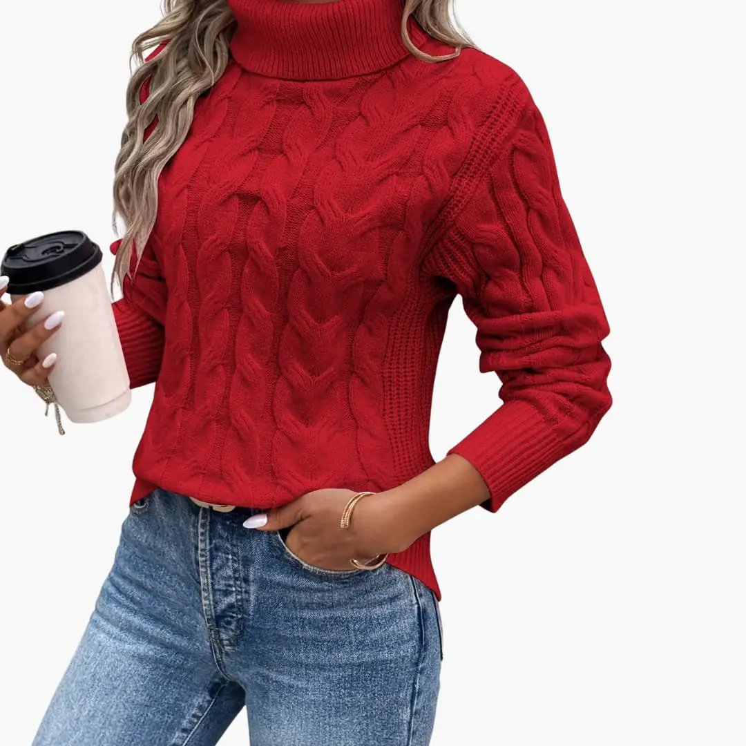 Women's red cable-knit turtleneck sweater by Wilfred Smith