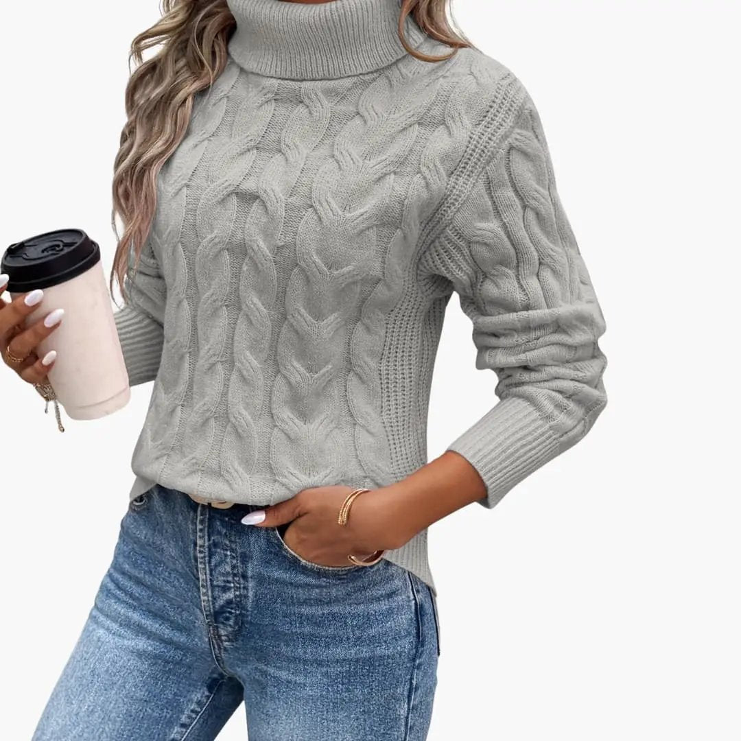 Women's gray cable-knit turtleneck sweater by Wilfred Smith