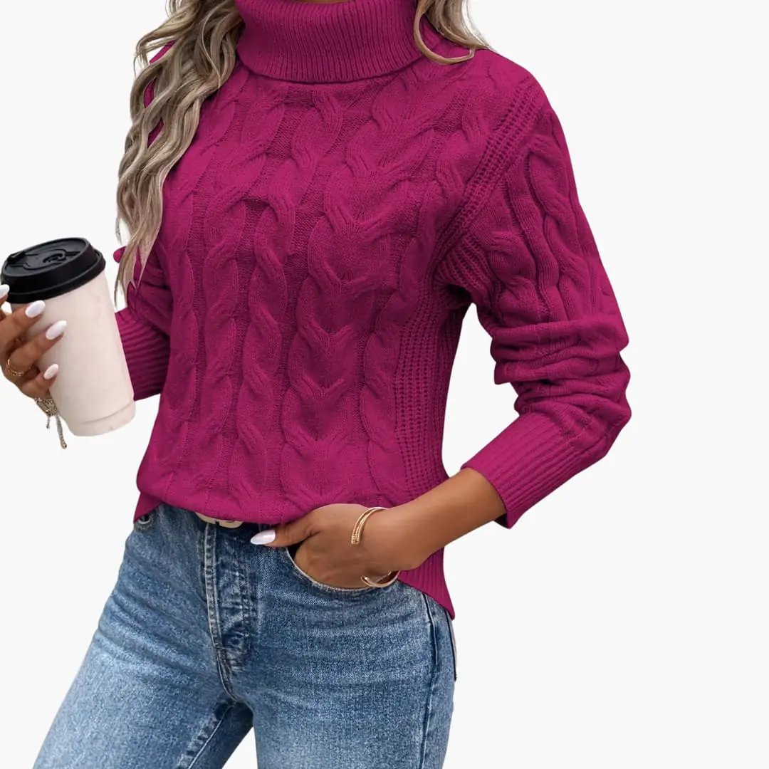 Women's magenta cable-knit turtleneck pullover, long-sleeve