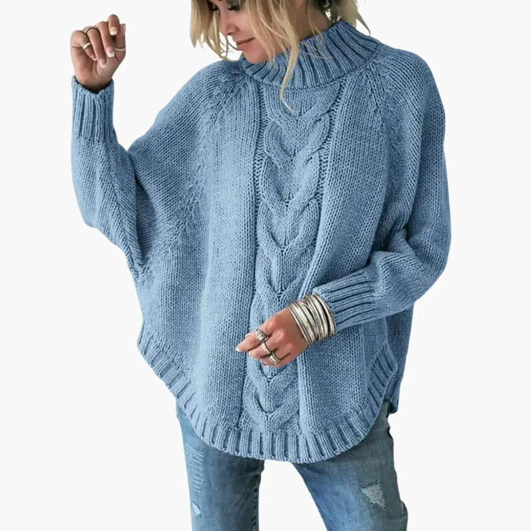 Women's round-neck blue cable-knit sweater, oversized with long sleeves