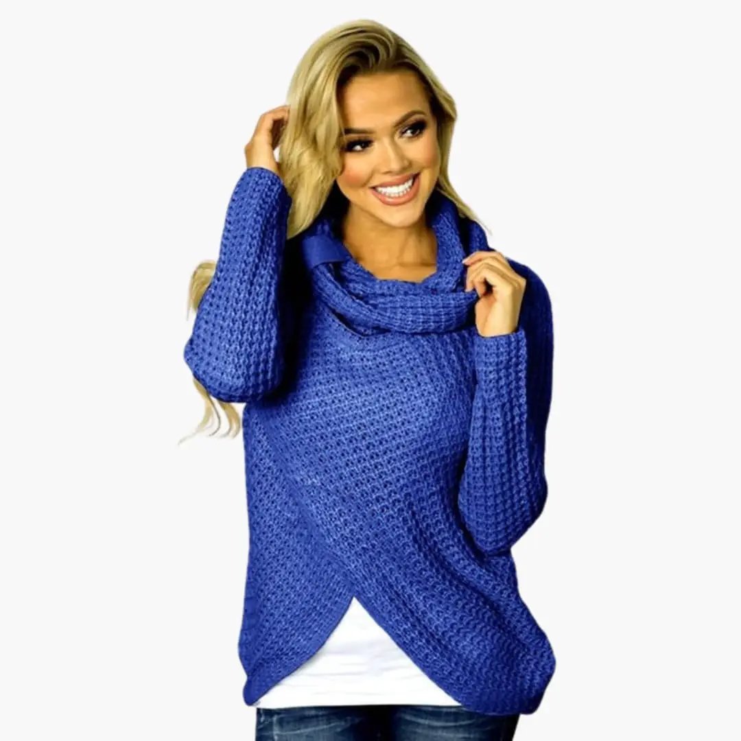 Women's Sweater with Shawl Collar, blue knit, relaxed fit, long sleeves