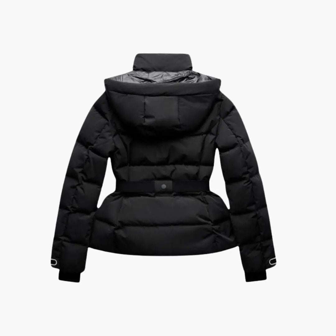 Women’s Belted Puffer Jacket, black, with high collar and waist belt; back view showing quilted panels.