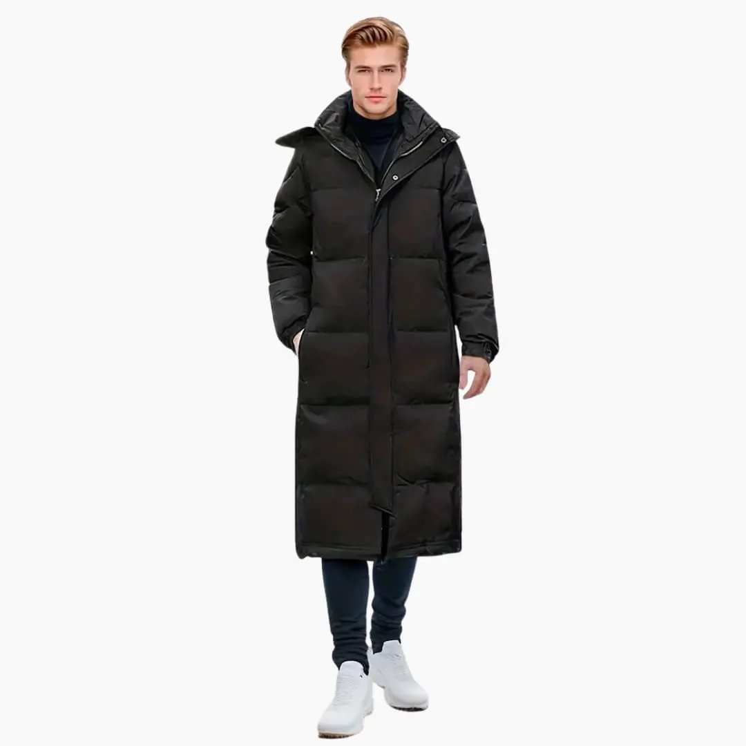 Men's long black Wilfred Smith parka coat with hood and zip closure