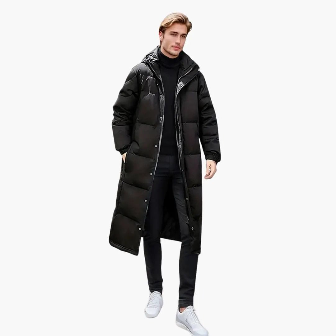 Men's long parka coat by Wilfred Smith in black with hood and zip closure