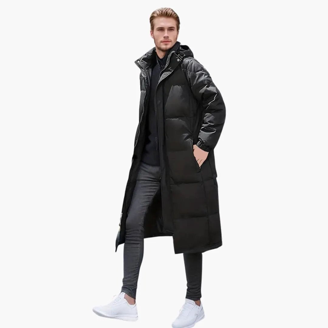 Men's long parka coat by Wilfred Smith in black with hood and zip closure
