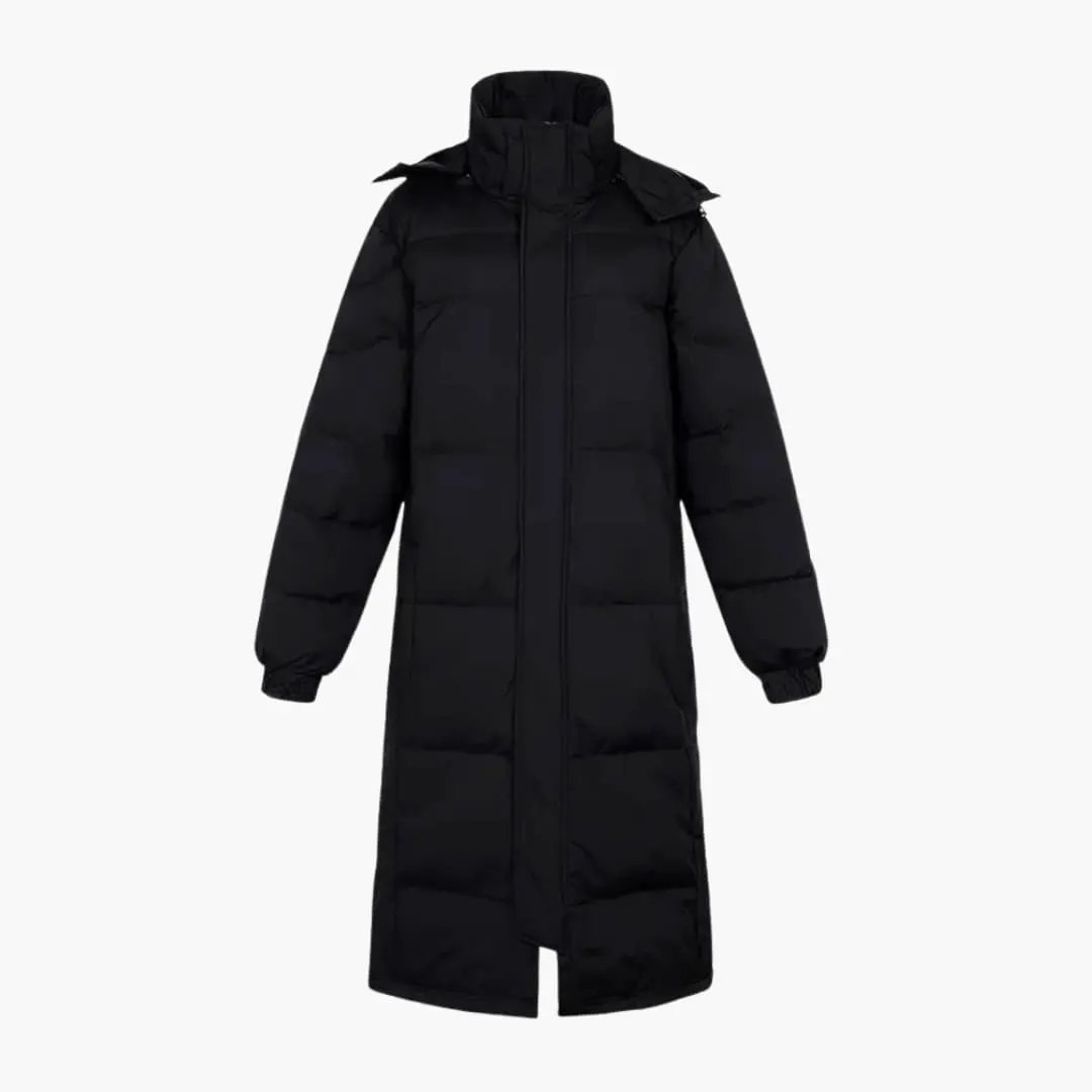 Men's black quilted long parka with hood and zip closure