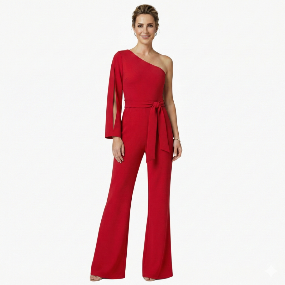 Elegant one-shoulder red jumpsuit for women with a belted waist and wide legs