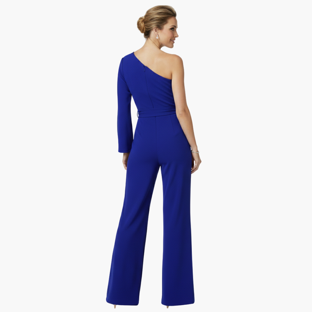 Elegant one-shoulder jumpsuit for women in royal blue, tailored fit with wide-leg pants