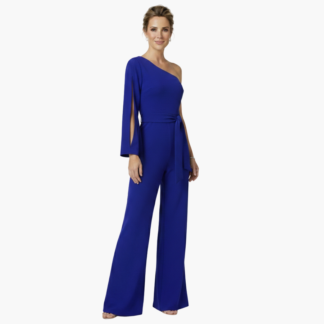 Elegant Jumpsuit for Women by Wilfred Smith — one-shoulder tailored cobalt blue with wide legs and waist tie
