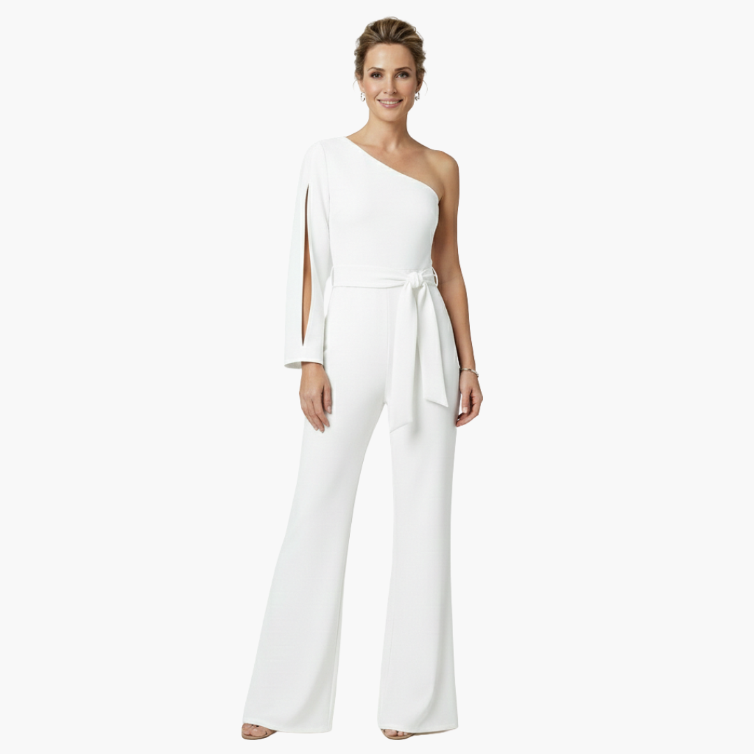 Elegant jumpsuit for women by Wilfred Smith, one-shoulder white tailored with waist belt