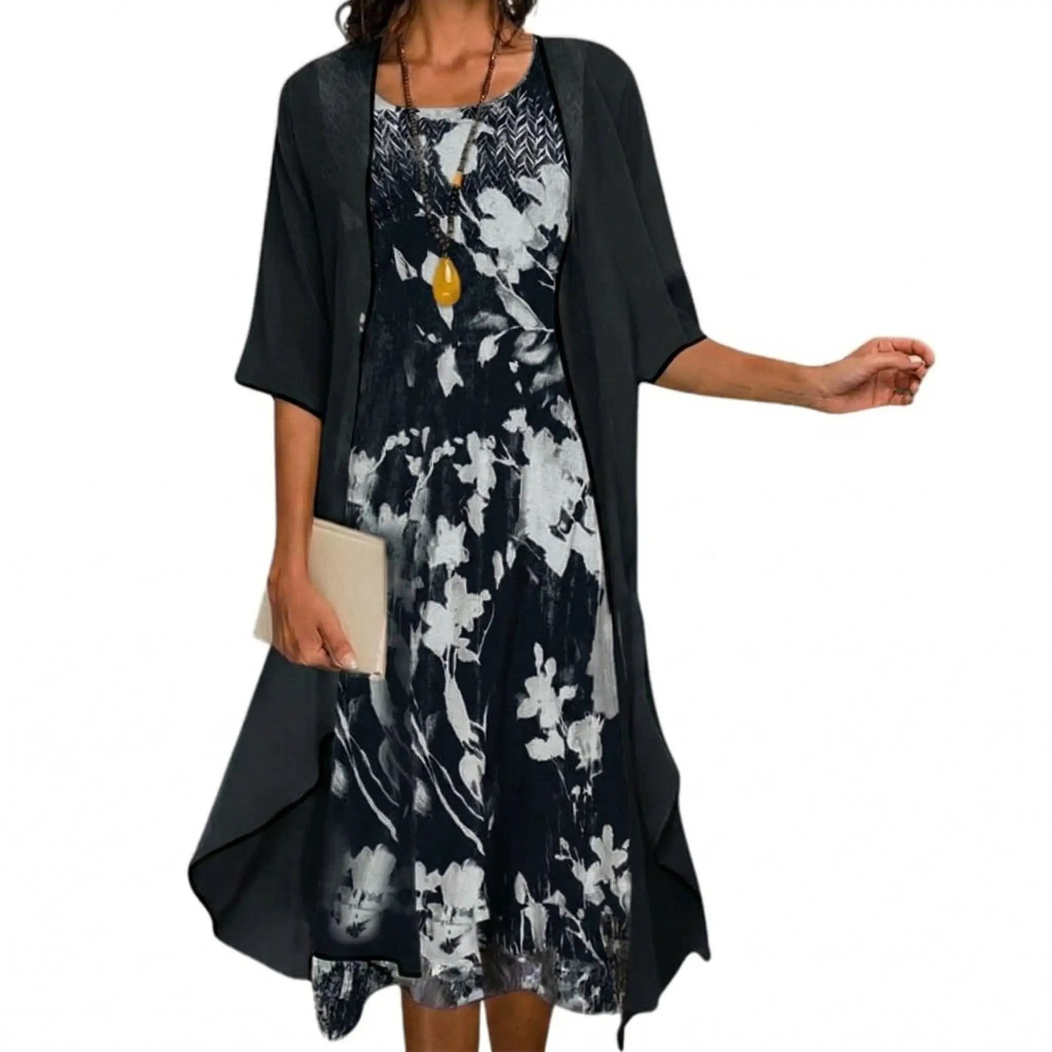 Women's floral long dress with cardigan set; navy dress with gray floral print and black cardigan, Wilfred Smith
