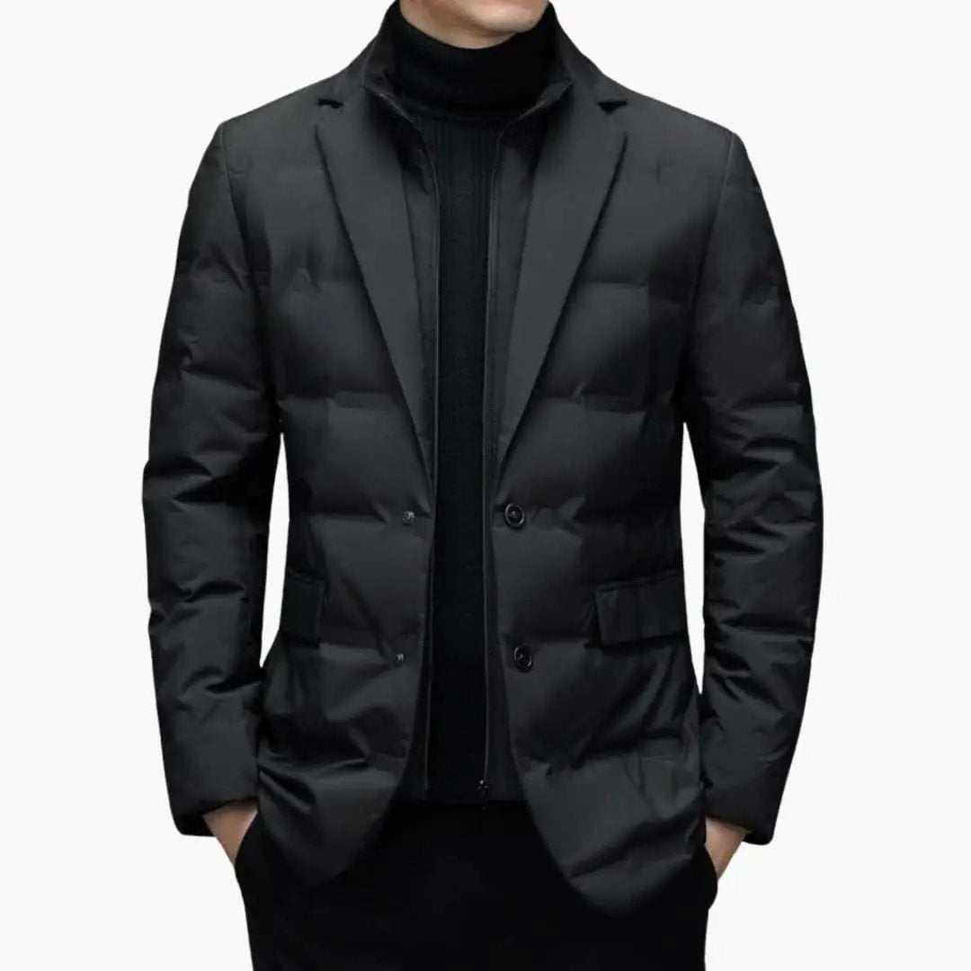 Men's black padded quilted blazer jacket with front pockets.