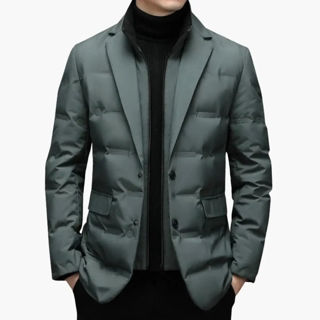 Men's green quilted blazer jacket with front pockets.