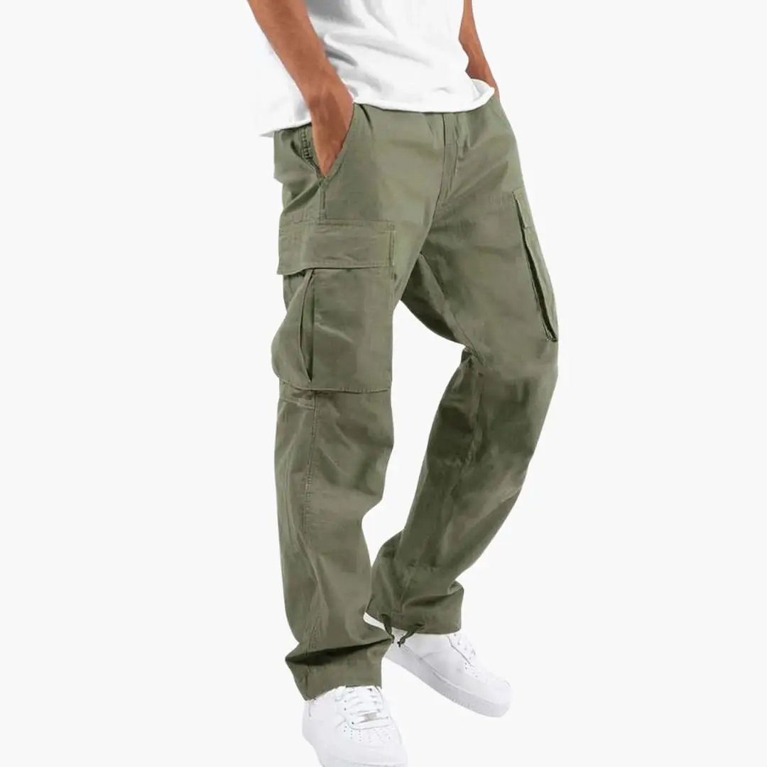 Men's olive green cargo pants with flap pockets and side cargo pockets