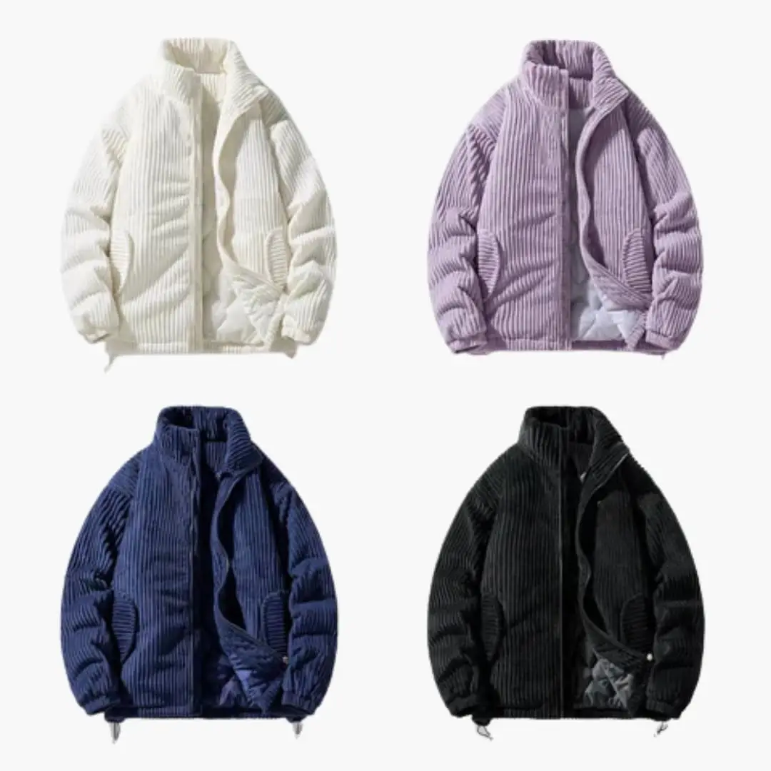 4 Wilfred Smith men's corduroy jackets with zippers and stand-up collars in white, lavender, navy, and black