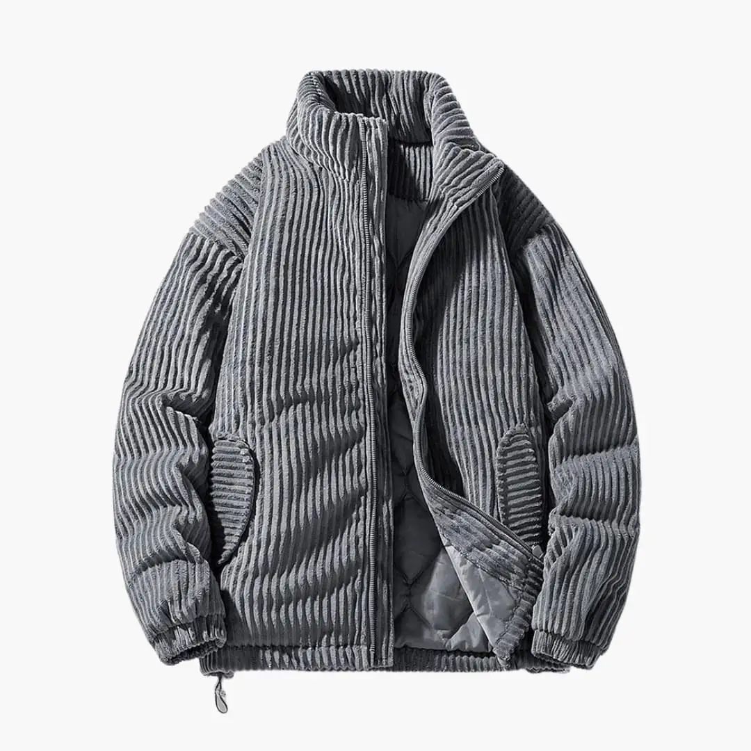 Men's corduroy jacket with zipper and stand-up collar in grey by Wilfred Smith