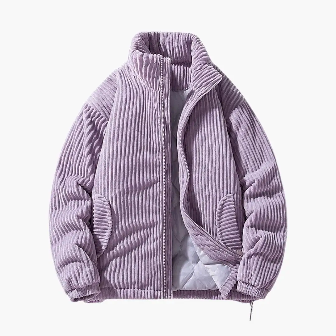 Men's corduroy jacket with zipper and stand-up collar in lavender by Wilfred Smith