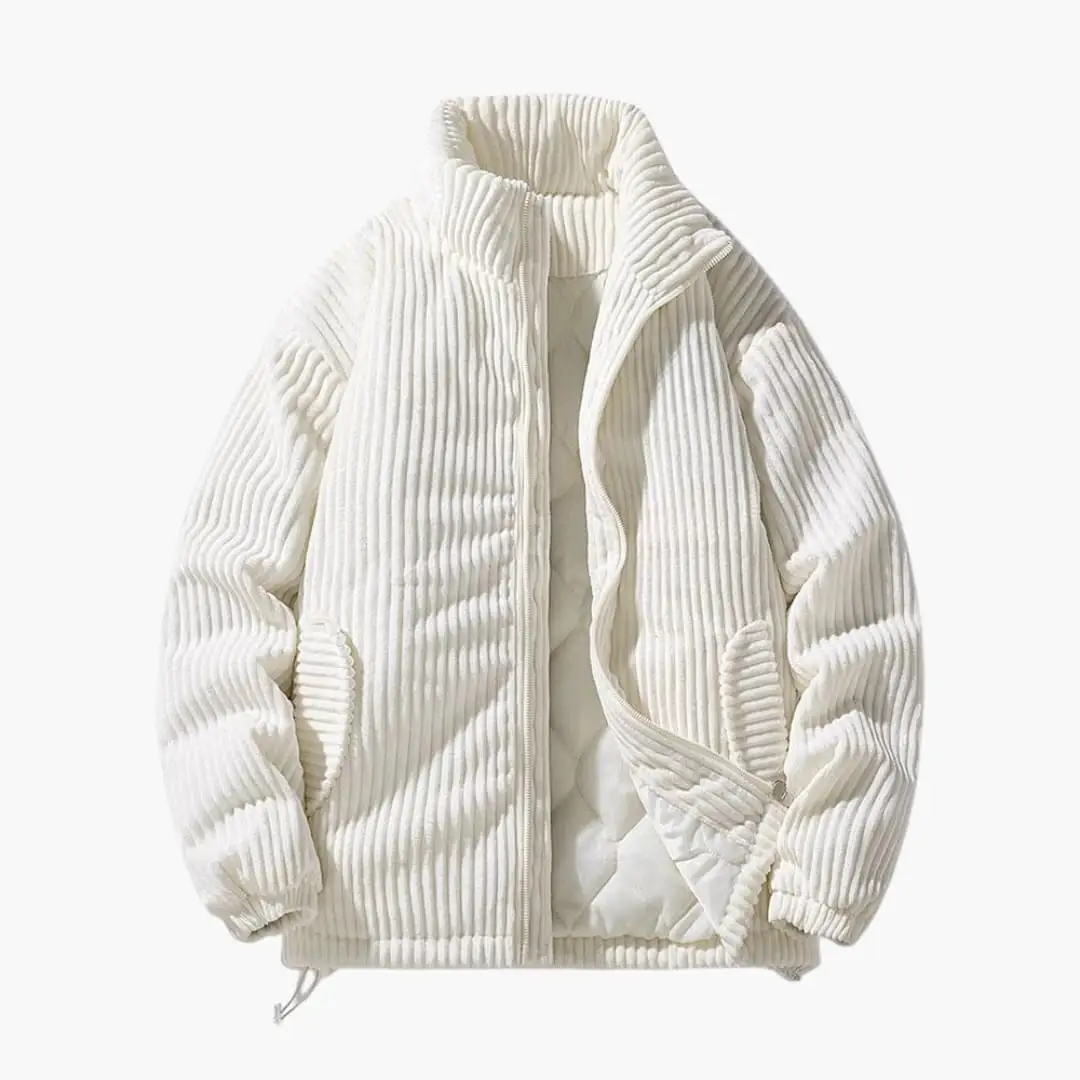 Men's corduroy jacket with zipper and stand-up collar in cream, ribbed texture.