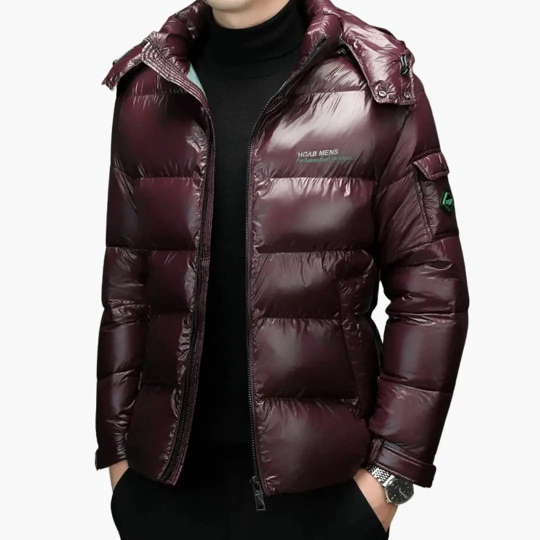 Men's down jacket by Wilfred Smith, burgundy long-sleeve puffer with hood