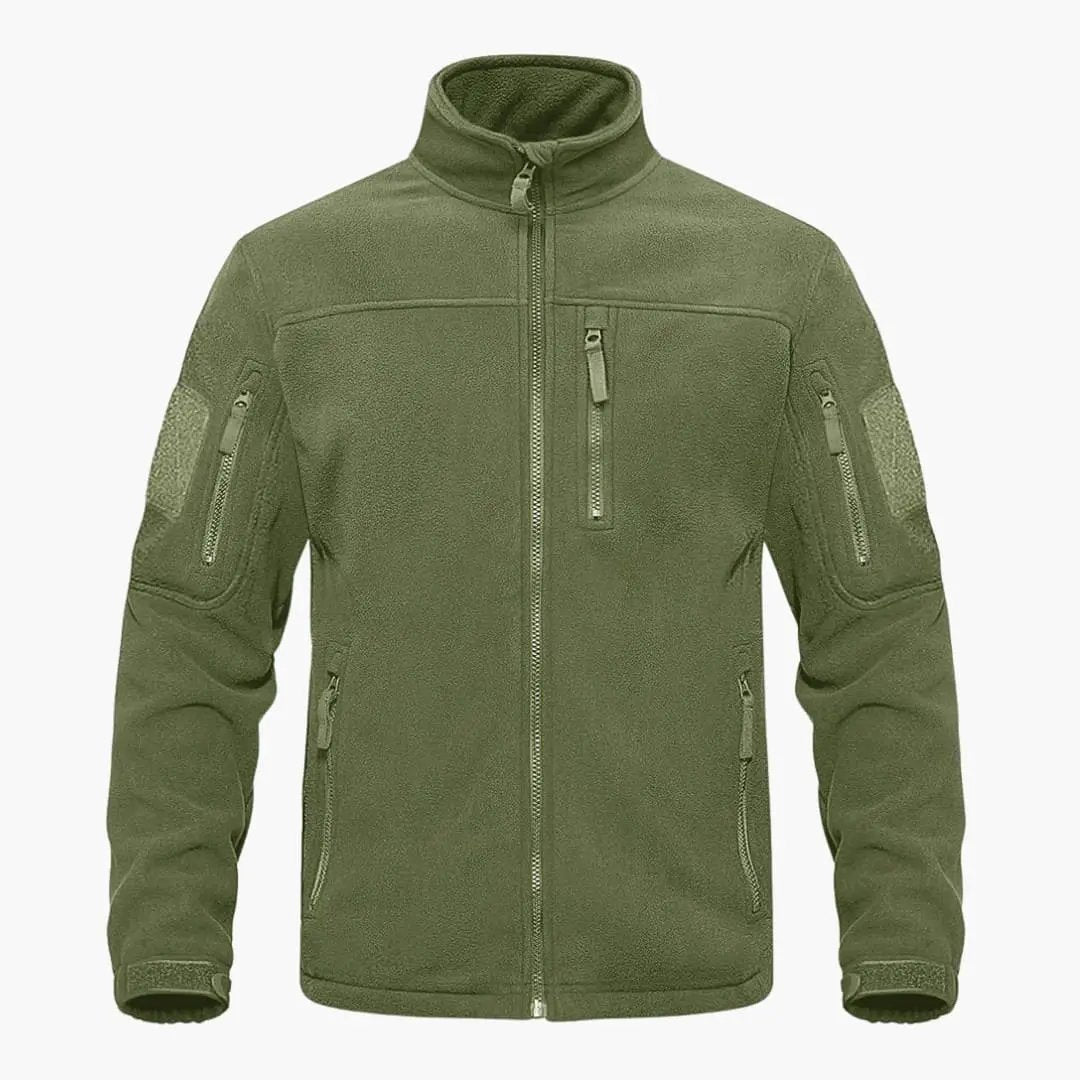 Men's olive-green fleece jacket with full front zipper, chest zip pocket and zippered sleeve pockets.