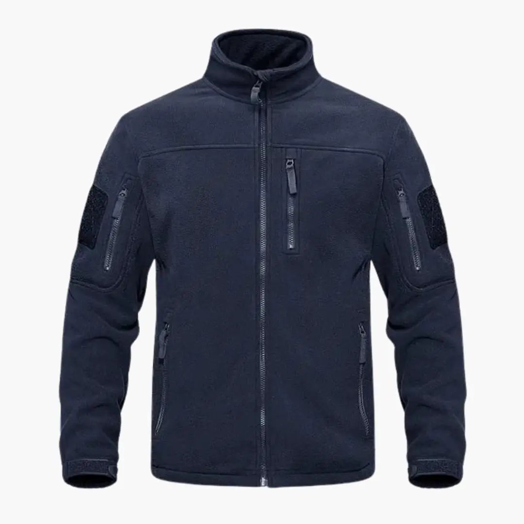 Men's fleece jacket with full zipper, navy blue, zip chest pocket and zippered side pockets.