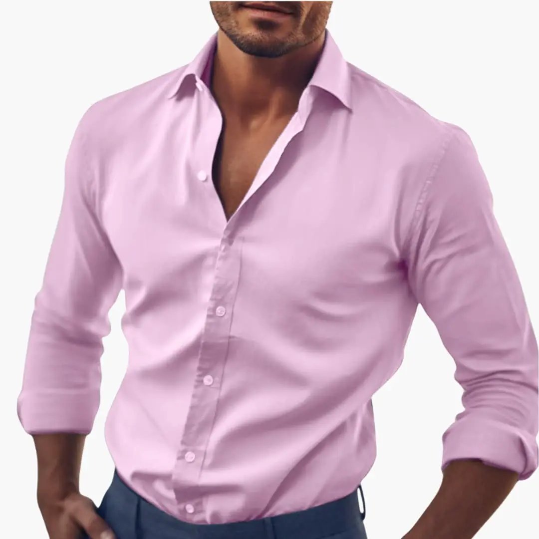 Men's light pink long-sleeve shirt with collar, sleeves rolled up