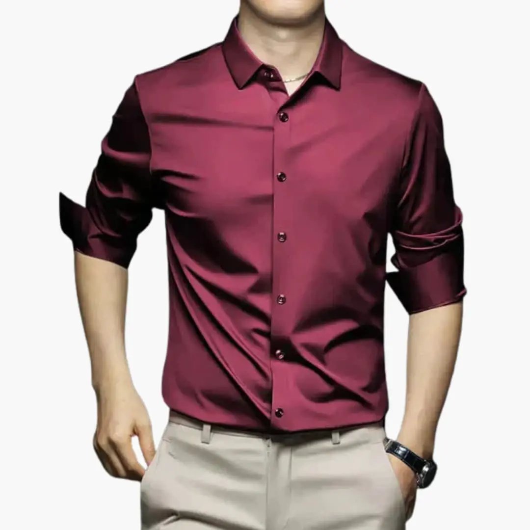 Men's shirt with long sleeves and collar by Wilfred Smith, burgundy color