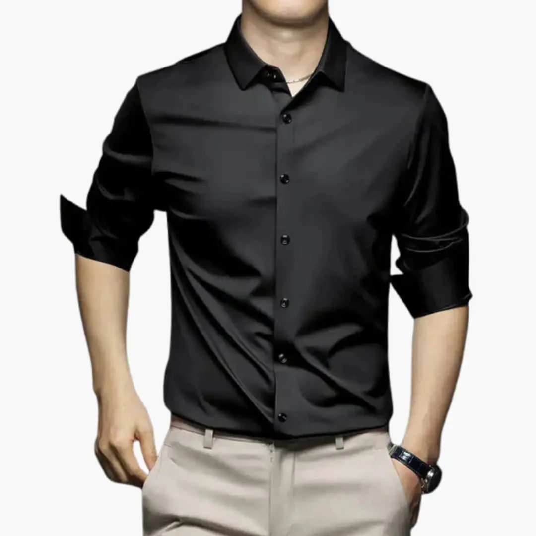 Men's black long-sleeve shirt with collar from Wilfred Smith.
