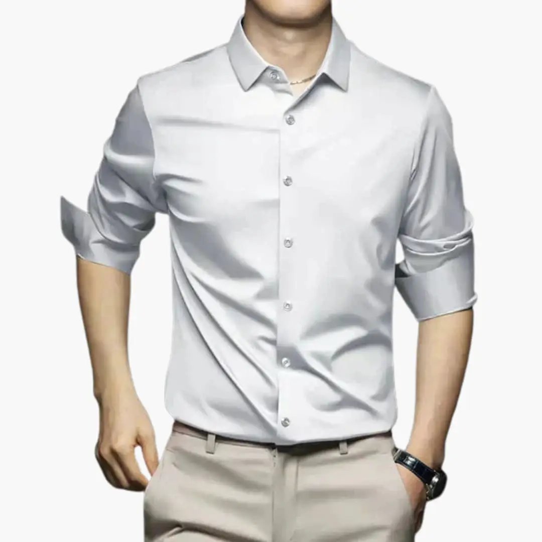 Men's shirt with long sleeves and collar, white-gray fabric, Wilfred Smith