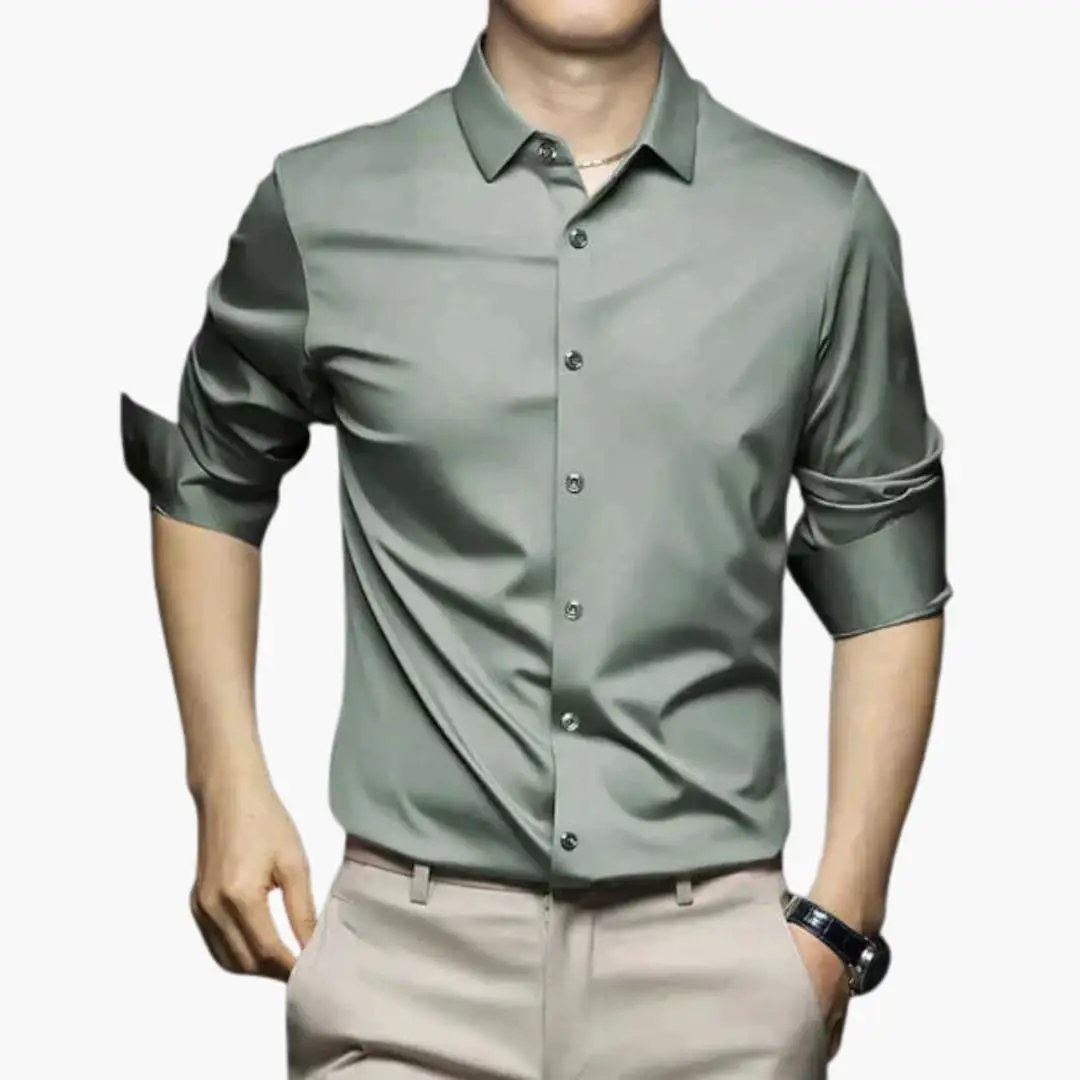 Men's long-sleeve collared shirt in sage green by Wilfred Smith