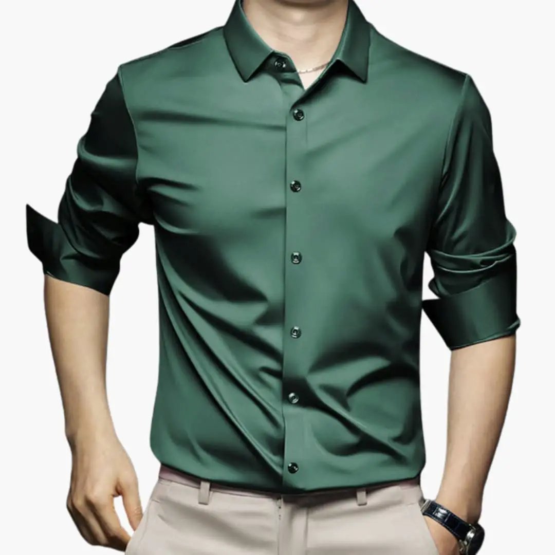 Wilfred Smith men's long-sleeve satin shirt with collar in emerald green.