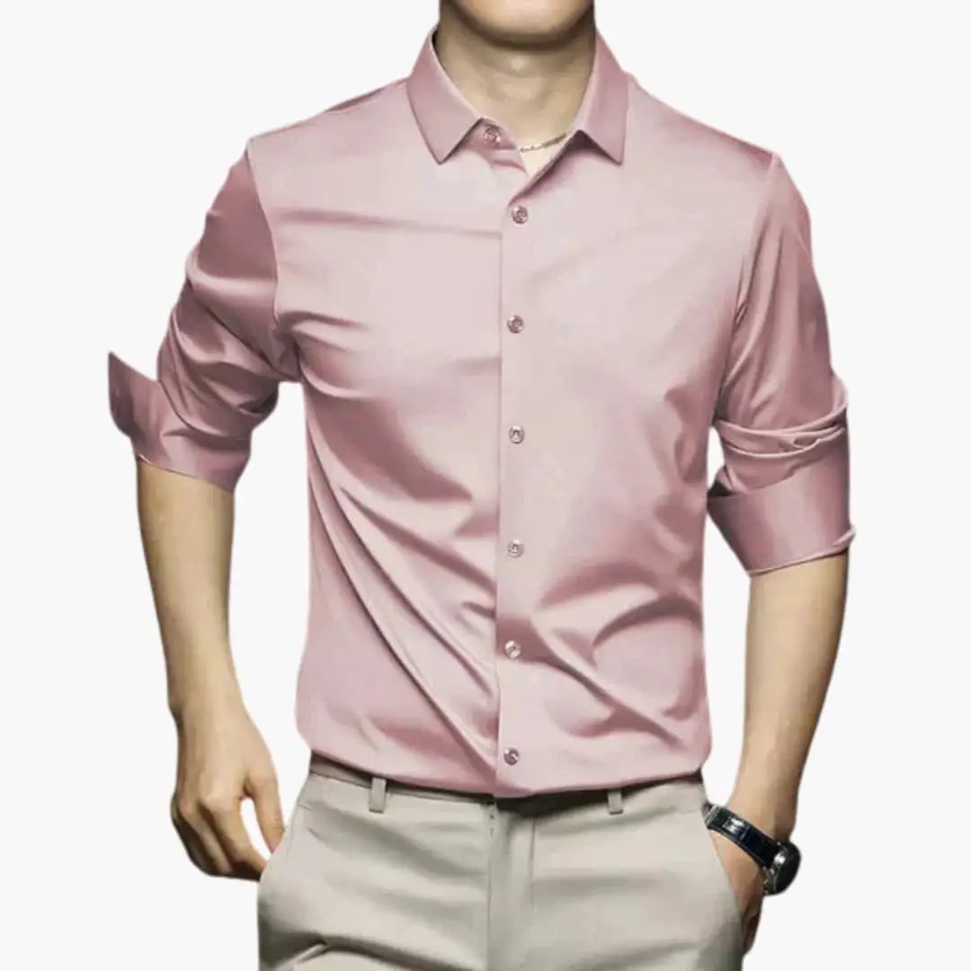 Men's pink long-sleeve collared shirt with button-front