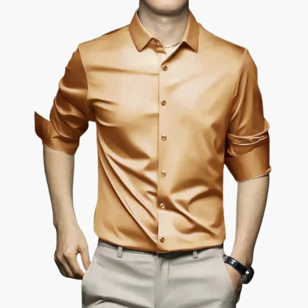 Men's shirt with long sleeves and collar in copper satin, Wilfred Smith.