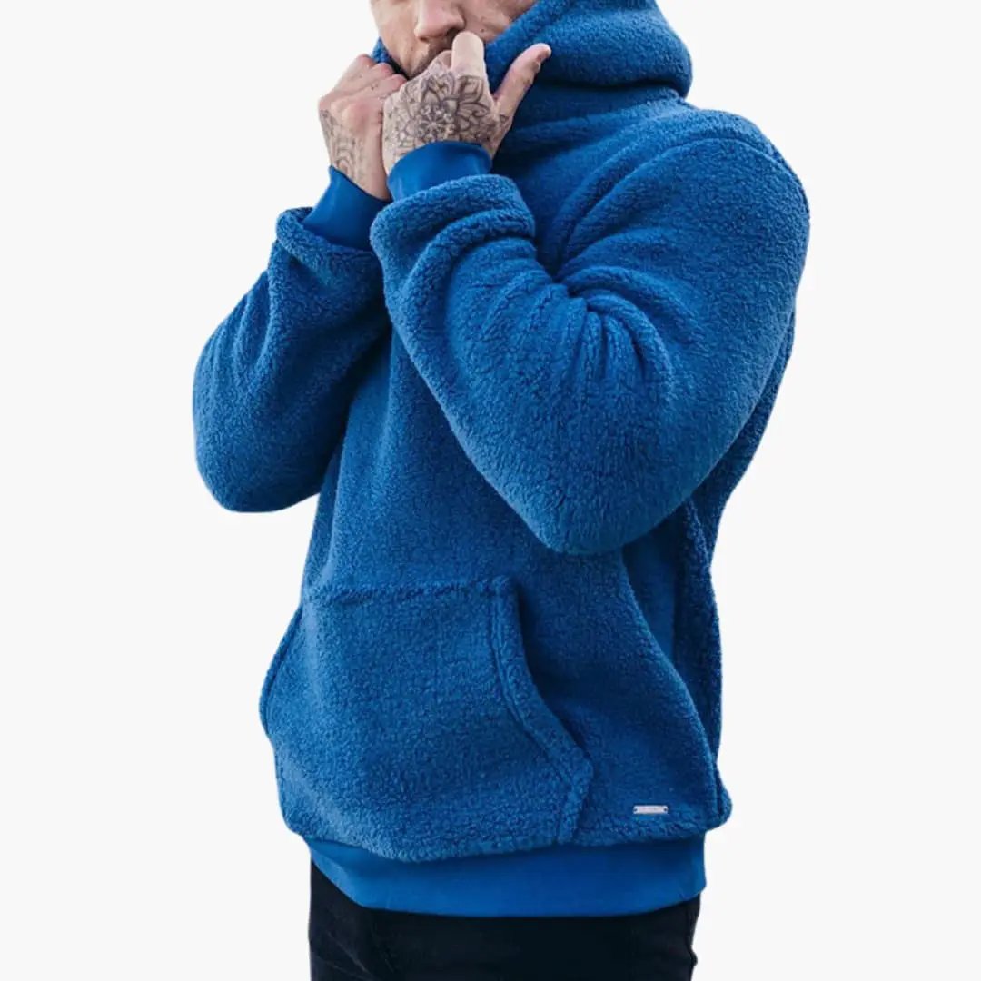 Men's blue fleece hoodie with ribbed cuffs and front kangaroo pocket