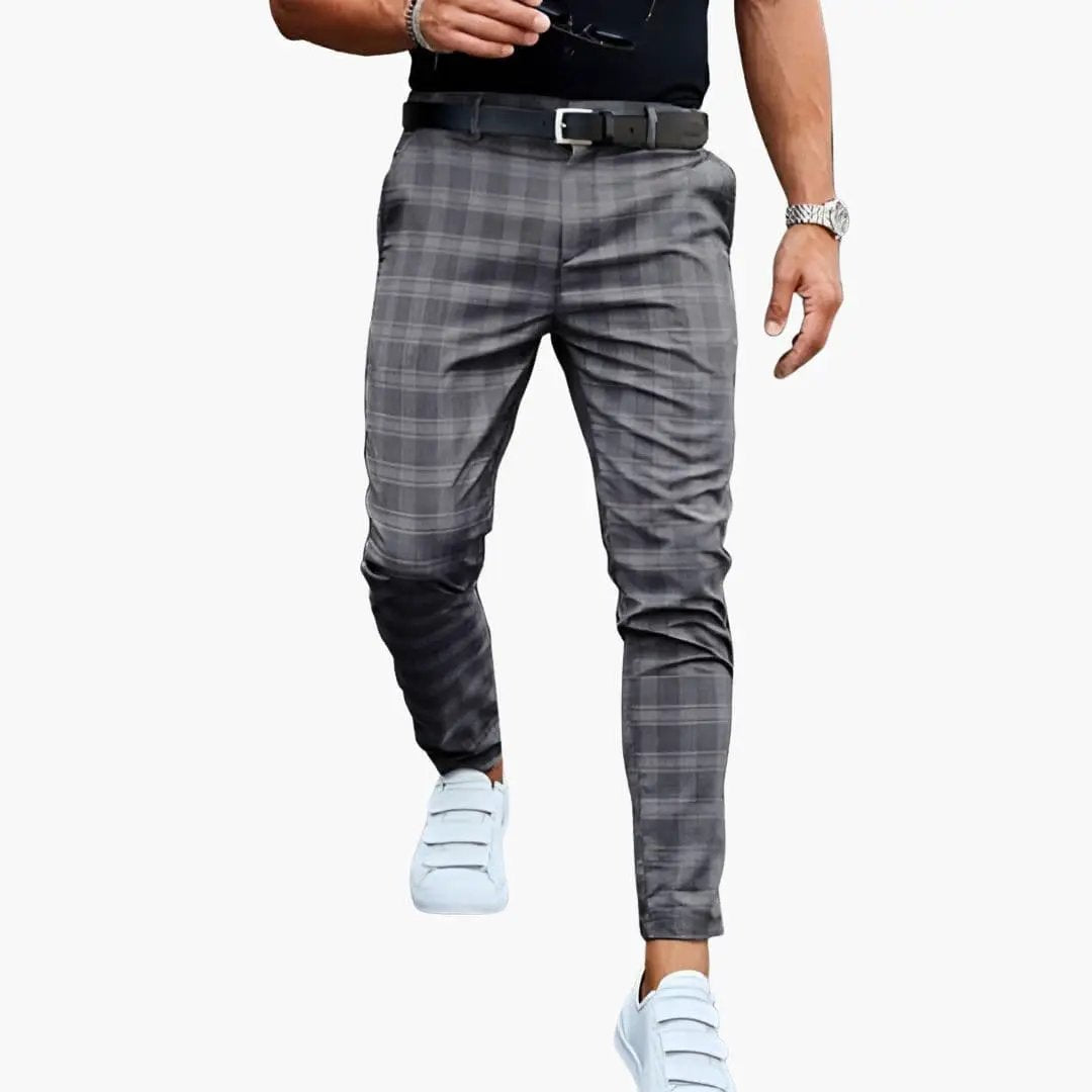Men's checkered trousers with straight leg, grey plaid by Wilfred Smith