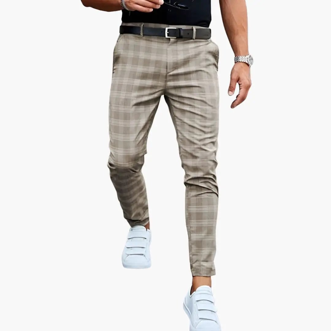 Men's beige checkered trousers with a straight leg by Wilfred Smith