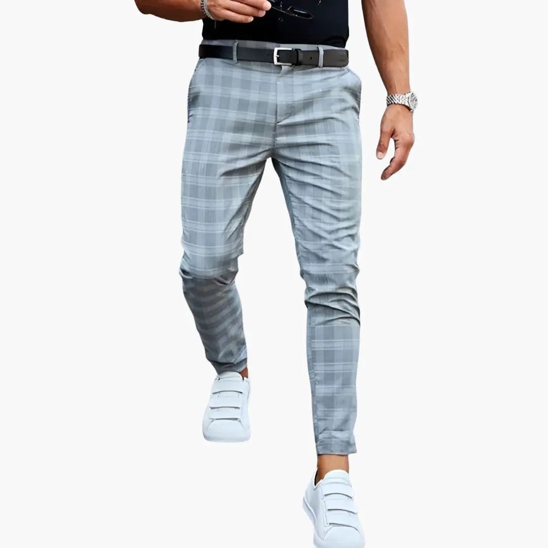 Men's checkered trousers with straight leg by Wilfred Smith, light blue plaid