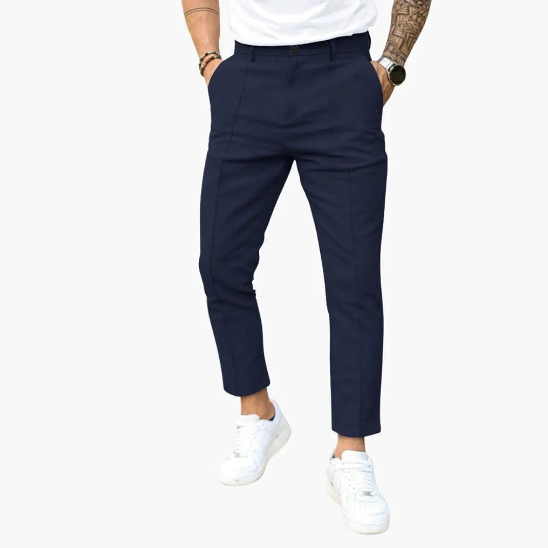 Men's navy pants with belt loops and straight-leg fit