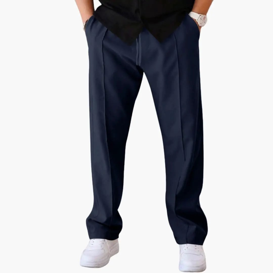 Men's navy blue straight-leg trousers with side pockets.