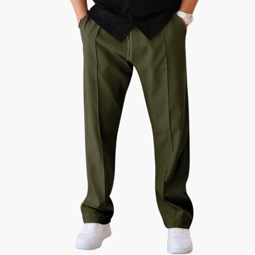 Men's olive green straight-leg trousers with side pockets and drawstring waist