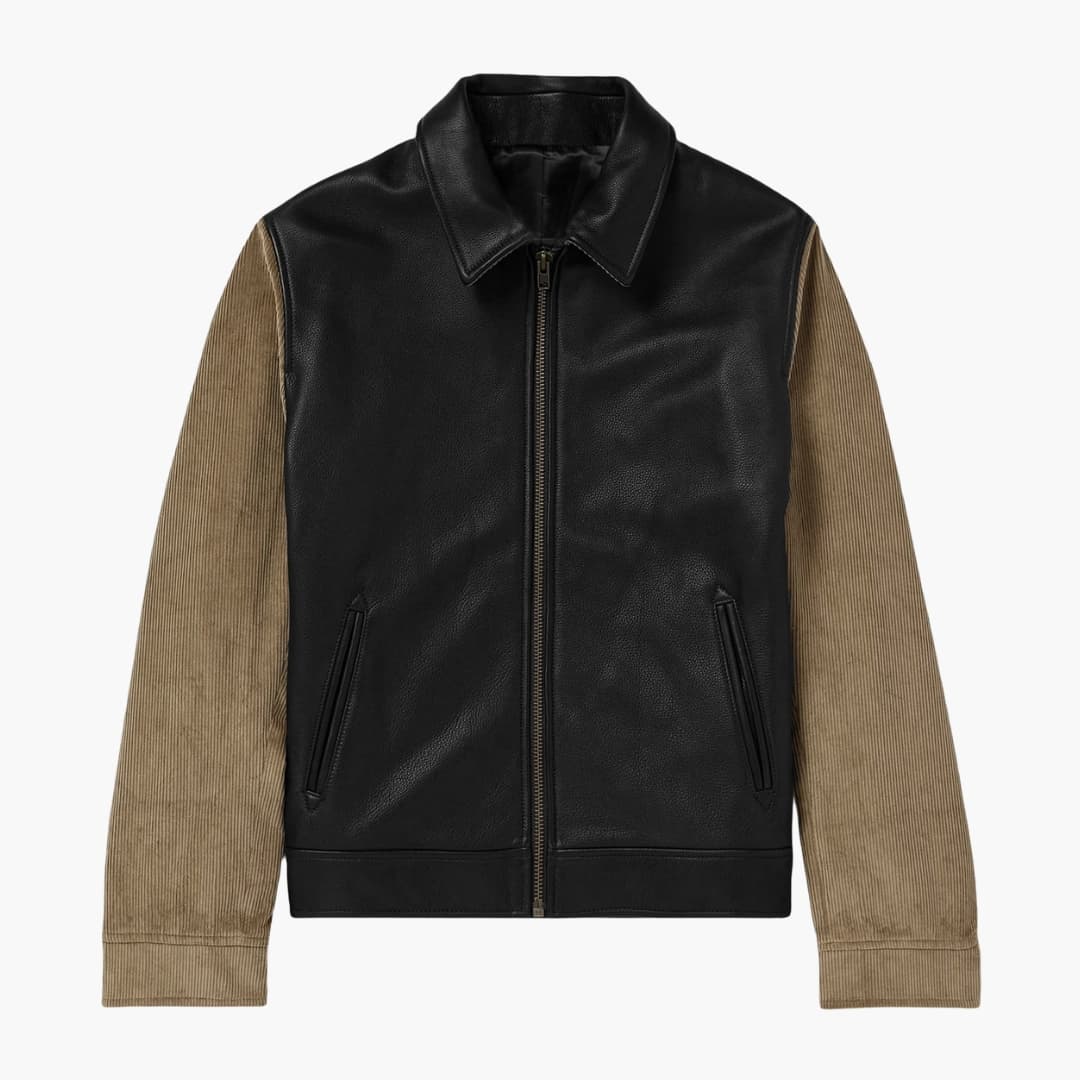 Wilfred Smith men's jacket with zipper, black leather body and tan corduroy sleeves.