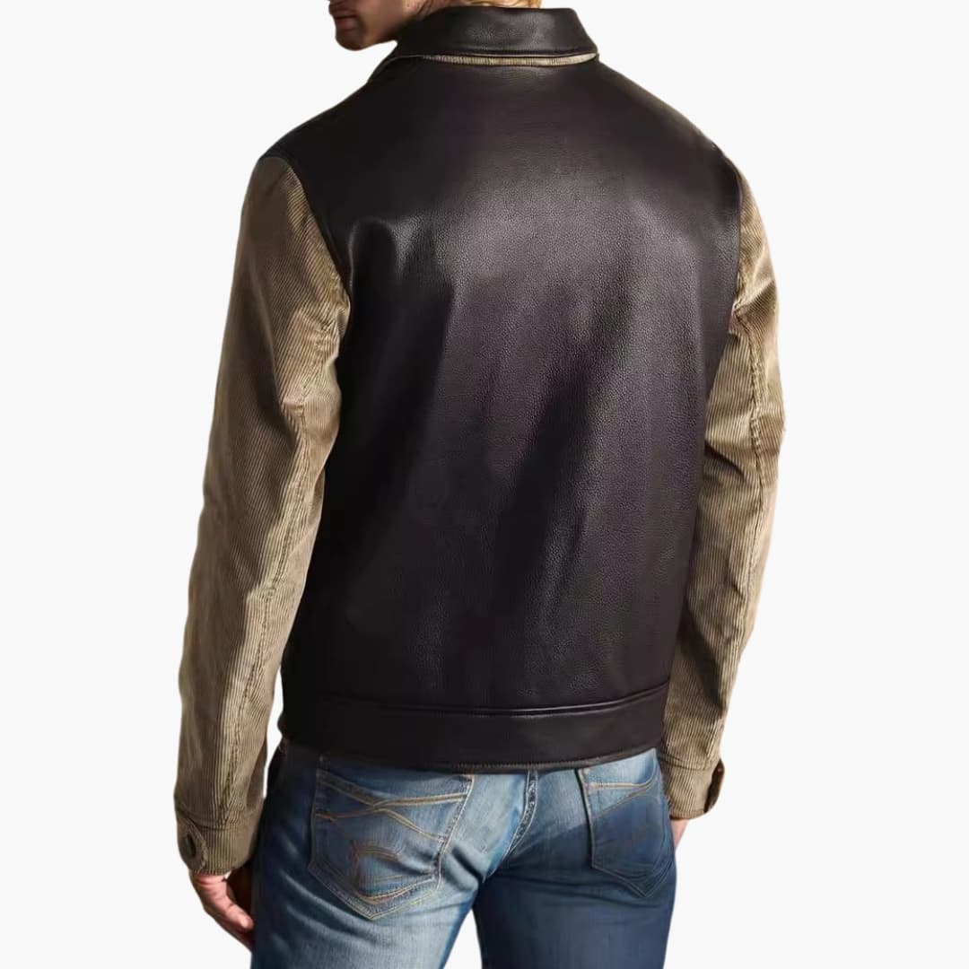 Men's jacket with zipper and brown corduroy sleeves; black body